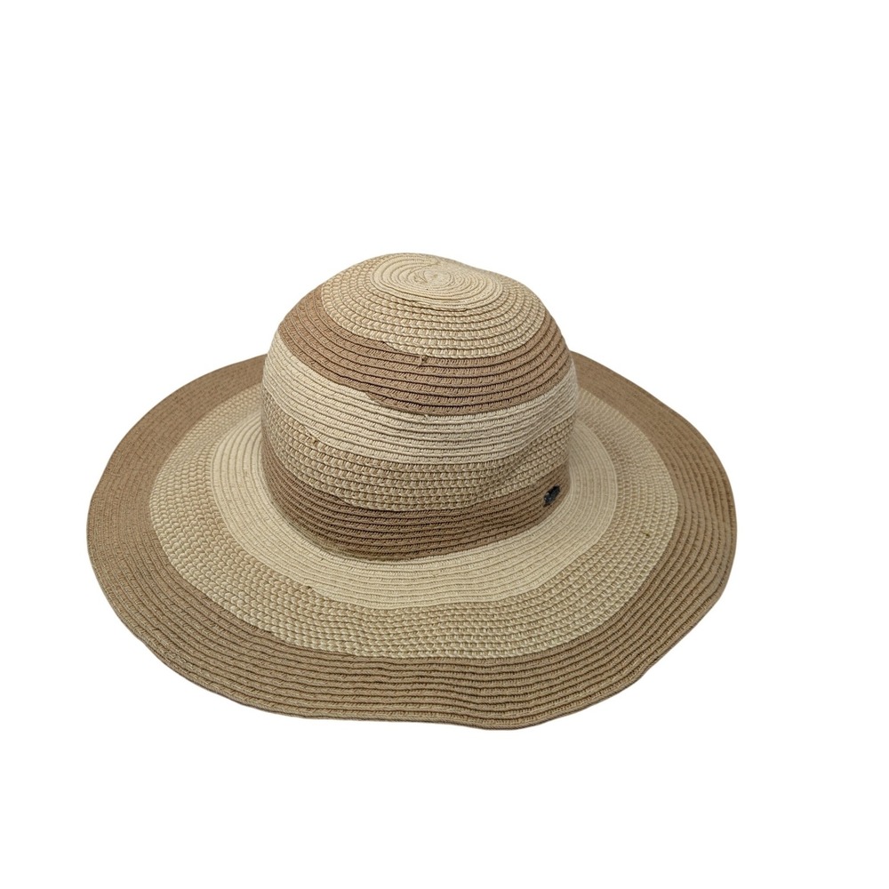 Scala‎ Women's Beige Striped Paper Braid Wide Brim Sun Beach Hat Vacation Resort